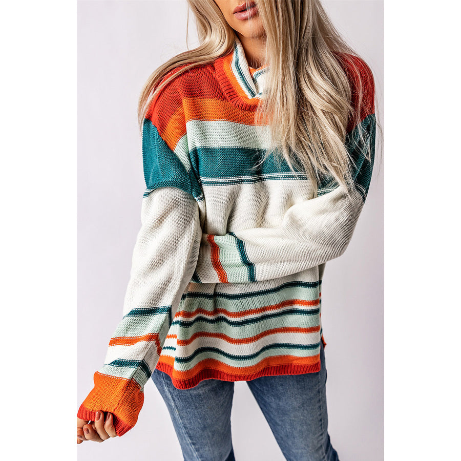 Contrast Striped Turtleneck Dropped Shoulder Sweater Apparel and Accessories