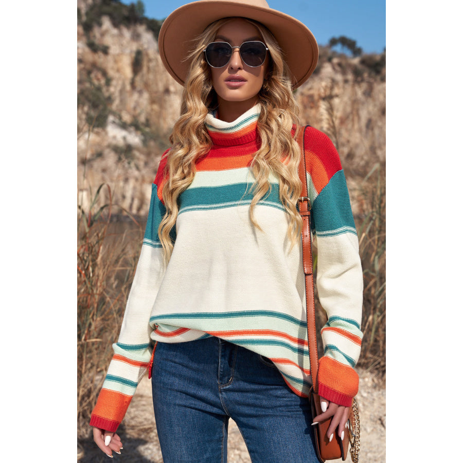 Contrast Striped Turtleneck Dropped Shoulder Sweater Apparel and Accessories