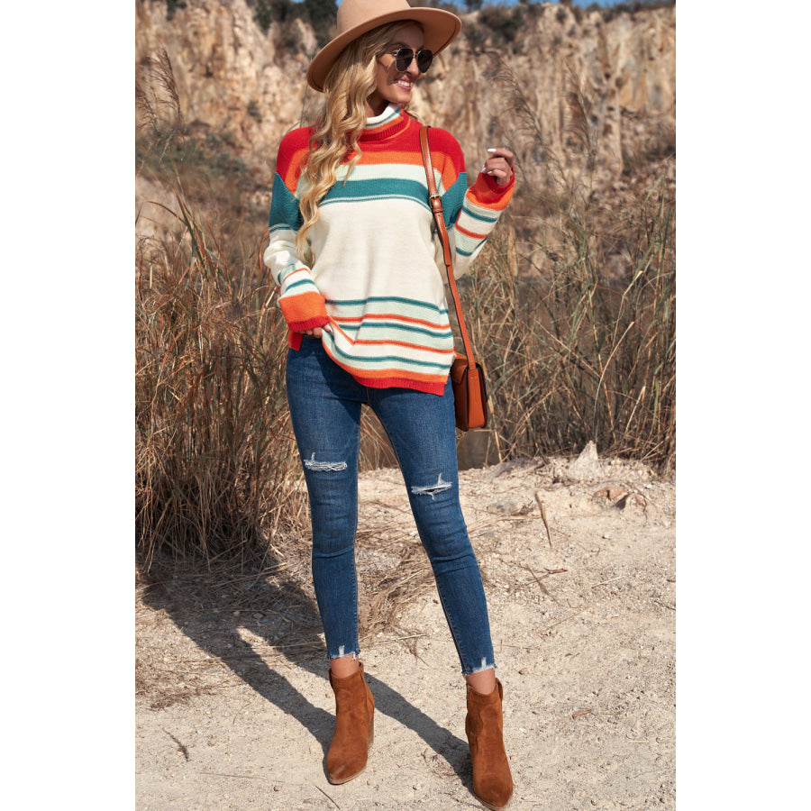 Contrast Striped Turtleneck Dropped Shoulder Sweater Apparel and Accessories