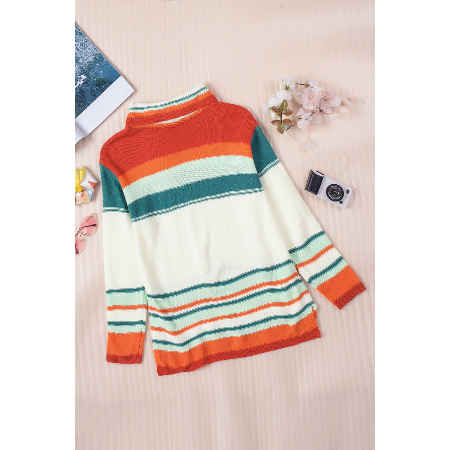 Contrast Striped Turtleneck Dropped Shoulder Sweater Apparel and Accessories
