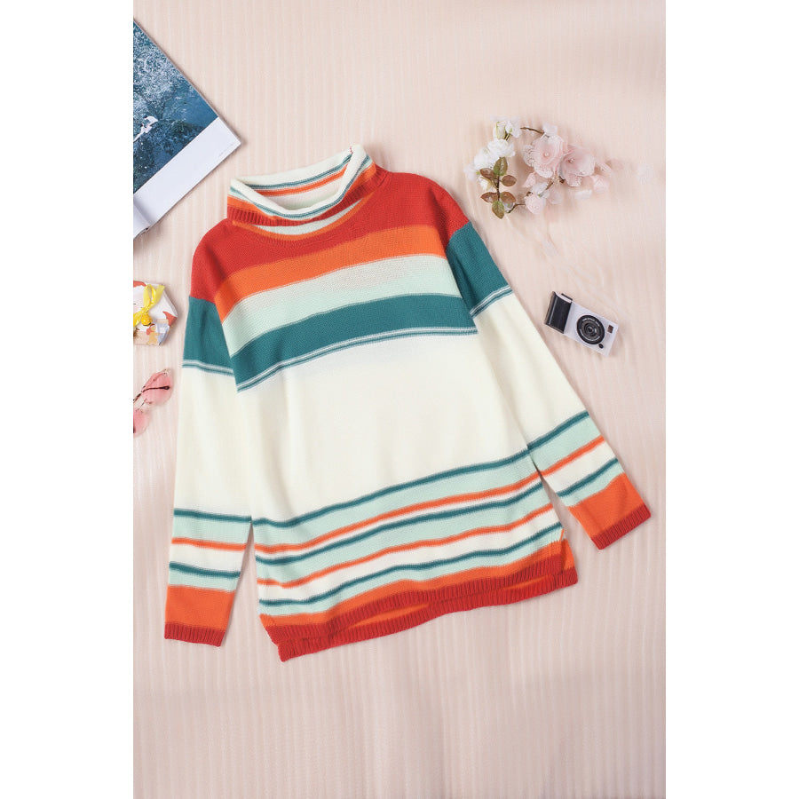 Contrast Striped Turtleneck Dropped Shoulder Sweater Apparel and Accessories
