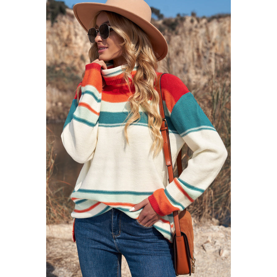 Contrast Striped Turtleneck Dropped Shoulder Sweater Apparel and Accessories