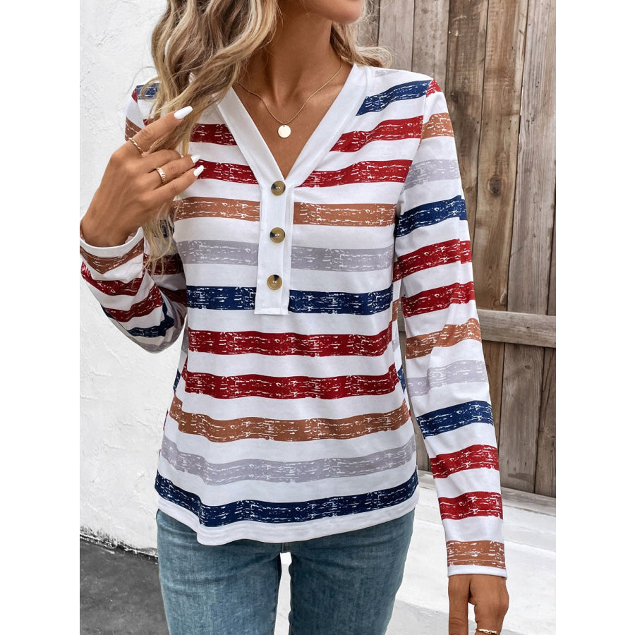 Contrast Striped V-Neck Long Sleeve T-Shirt Apparel and Accessories