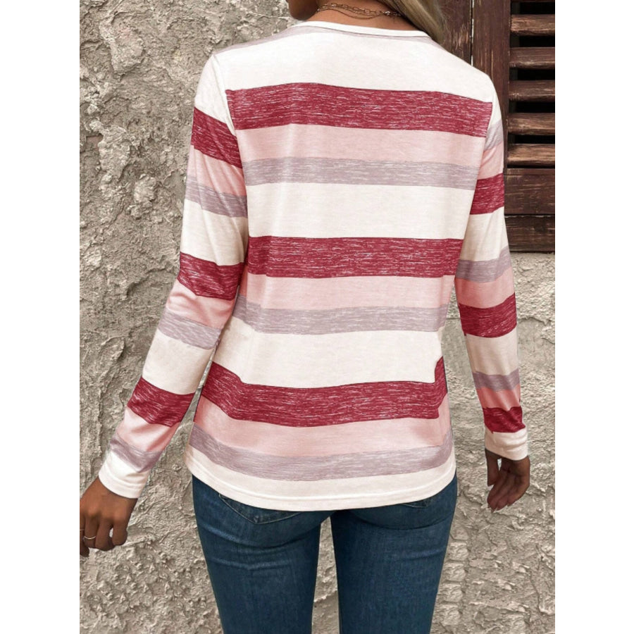 Contrast Striped V-Neck Long Sleeve T-Shirt Apparel and Accessories