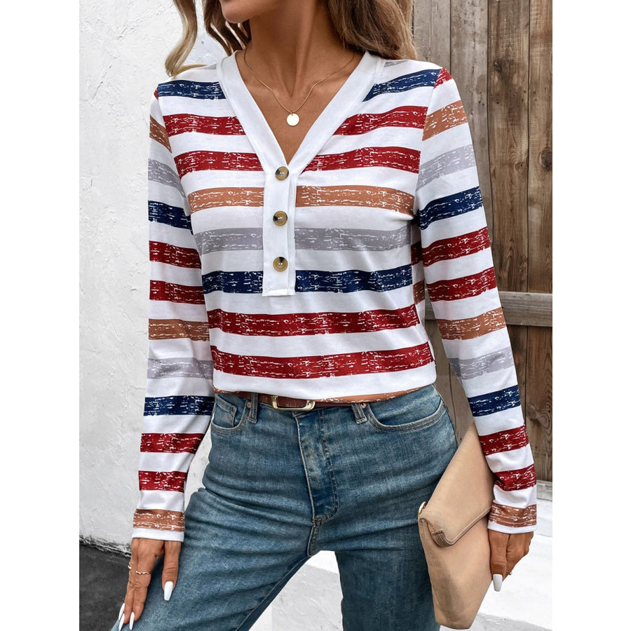 Contrast Striped V-Neck Long Sleeve T-Shirt Apparel and Accessories