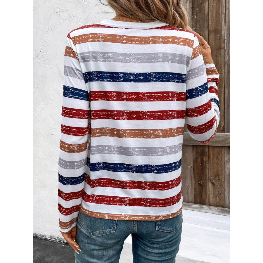 Contrast Striped V-Neck Long Sleeve T-Shirt Apparel and Accessories