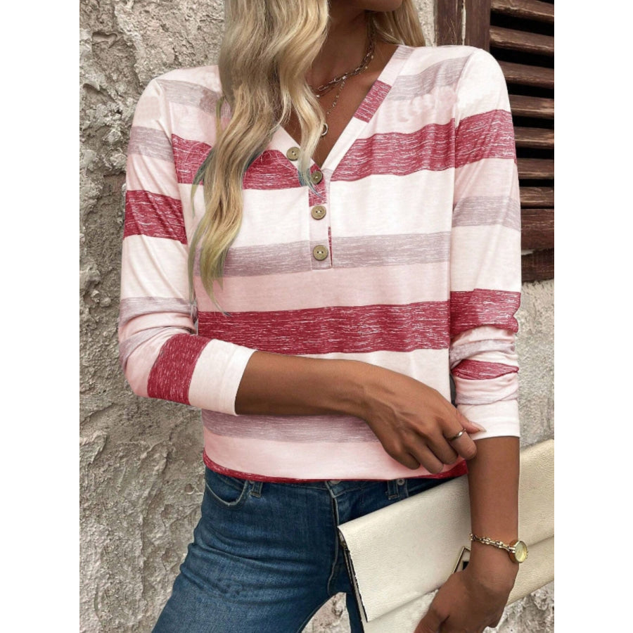 Contrast Striped V-Neck Long Sleeve T-Shirt Apparel and Accessories