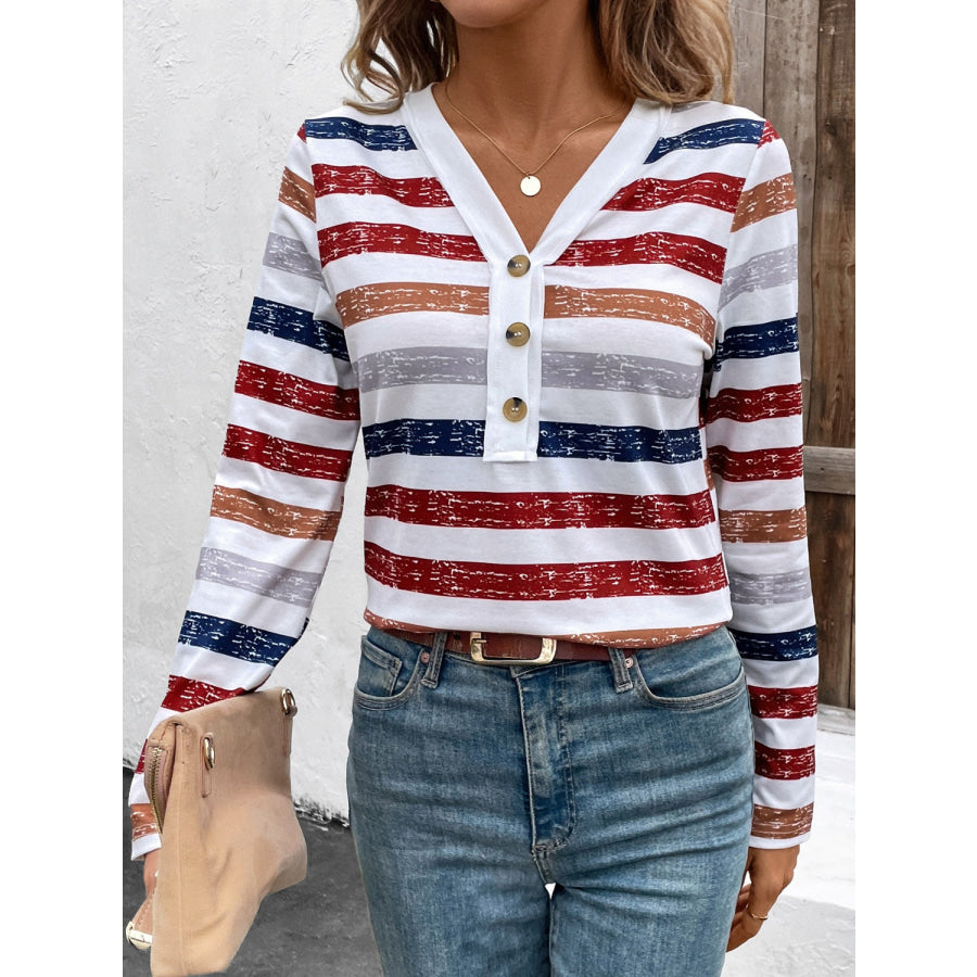 Contrast Striped V-Neck Long Sleeve T-Shirt Apparel and Accessories