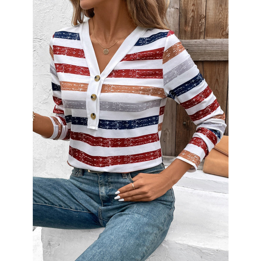 Contrast Striped V-Neck Long Sleeve T-Shirt Apparel and Accessories