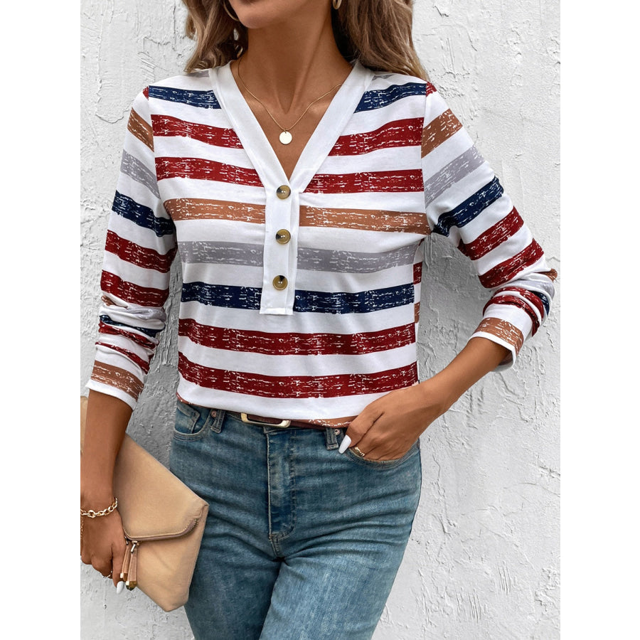 Contrast Striped V-Neck Long Sleeve T-Shirt Stripe / S Apparel and Accessories