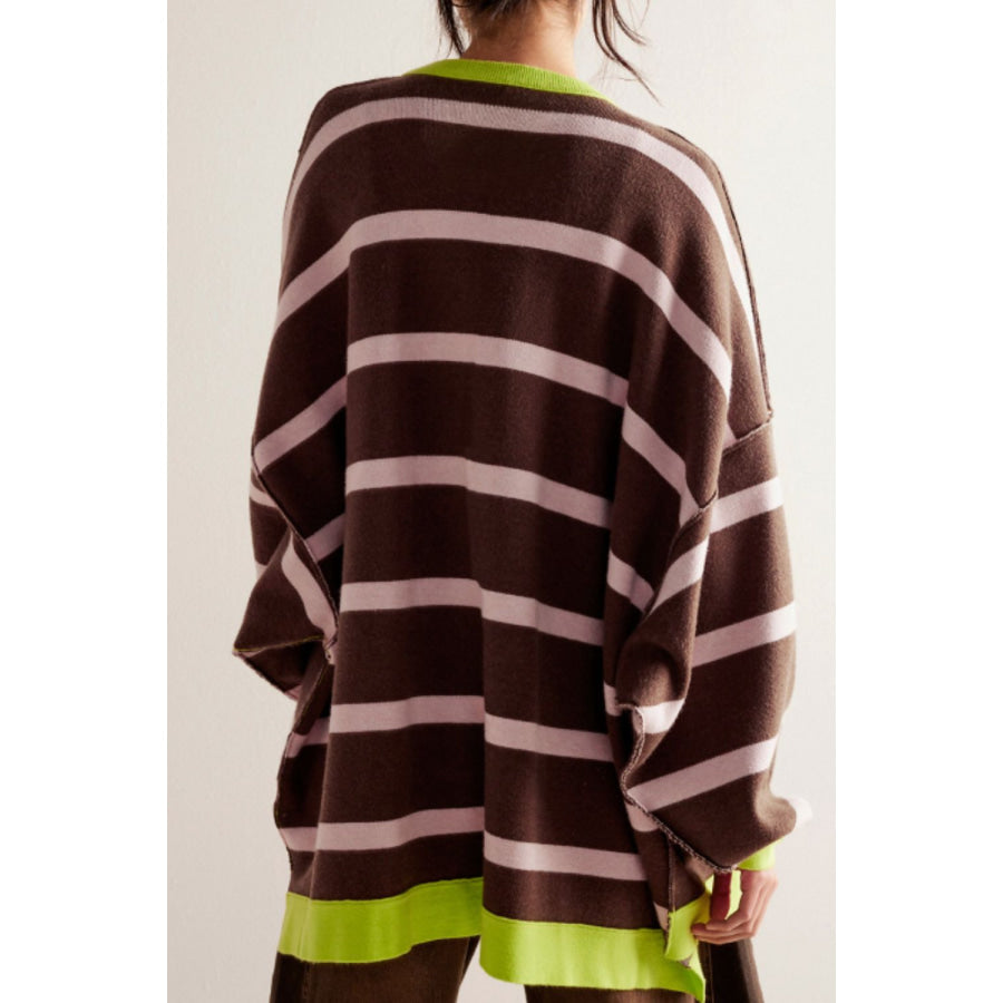 Contrast Stripes Button Down Long Sleeve Cardigan Apparel and Accessories