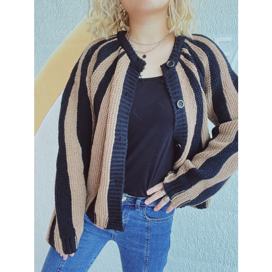 Contrast Stripes Button Down Long Sleeve Cardigan Apparel and Accessories