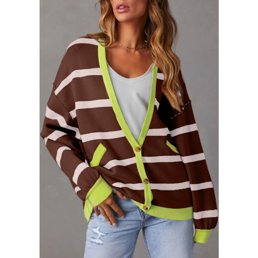 Contrast Stripes Button Down Long Sleeve Cardigan Apparel and Accessories