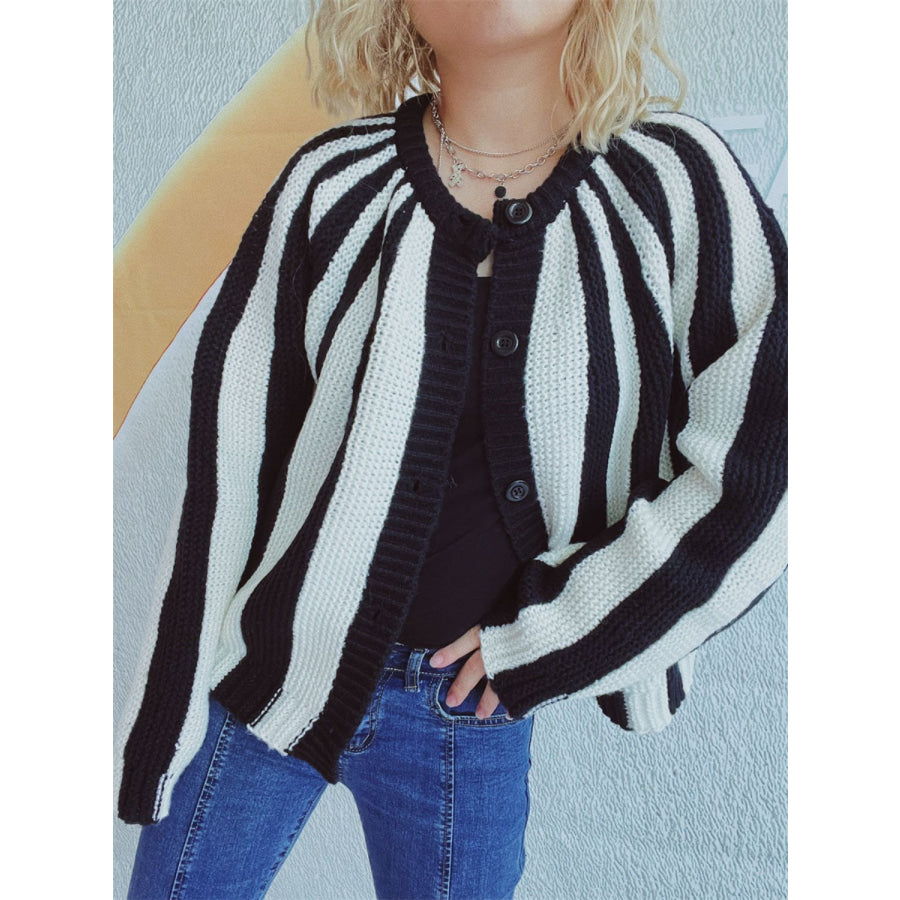 Contrast Stripes Button Down Long Sleeve Cardigan Apparel and Accessories