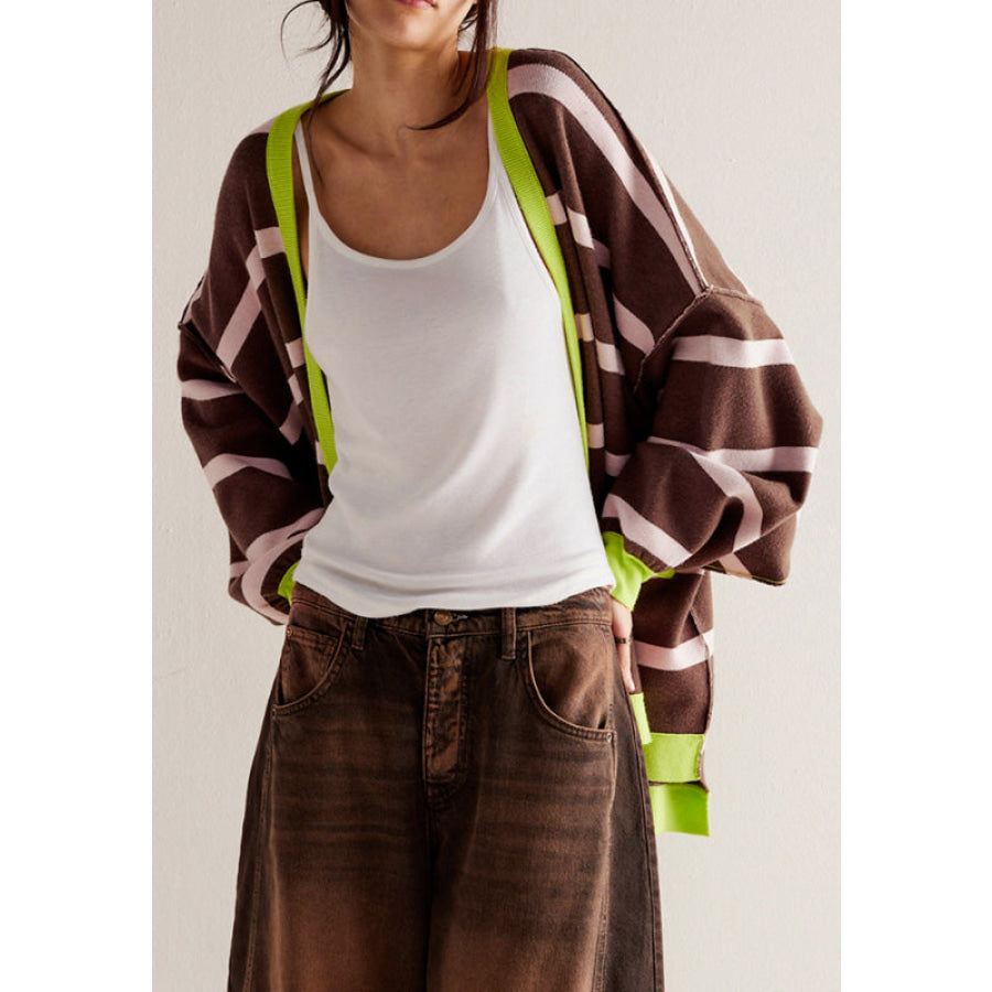 Contrast Stripes Button Down Long Sleeve Cardigan Coffee Brown / S Apparel and Accessories