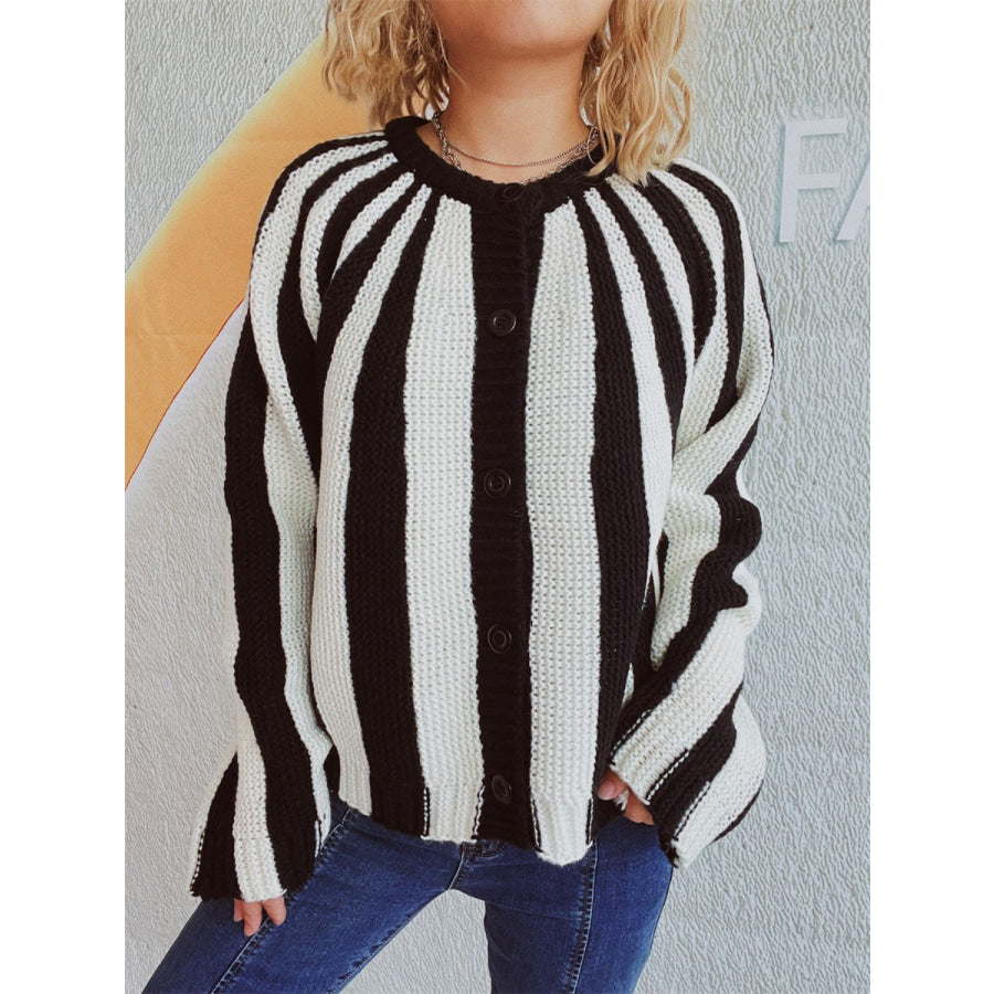 Contrast Stripes Button Down Long Sleeve Cardigan White / One Size Apparel and Accessories