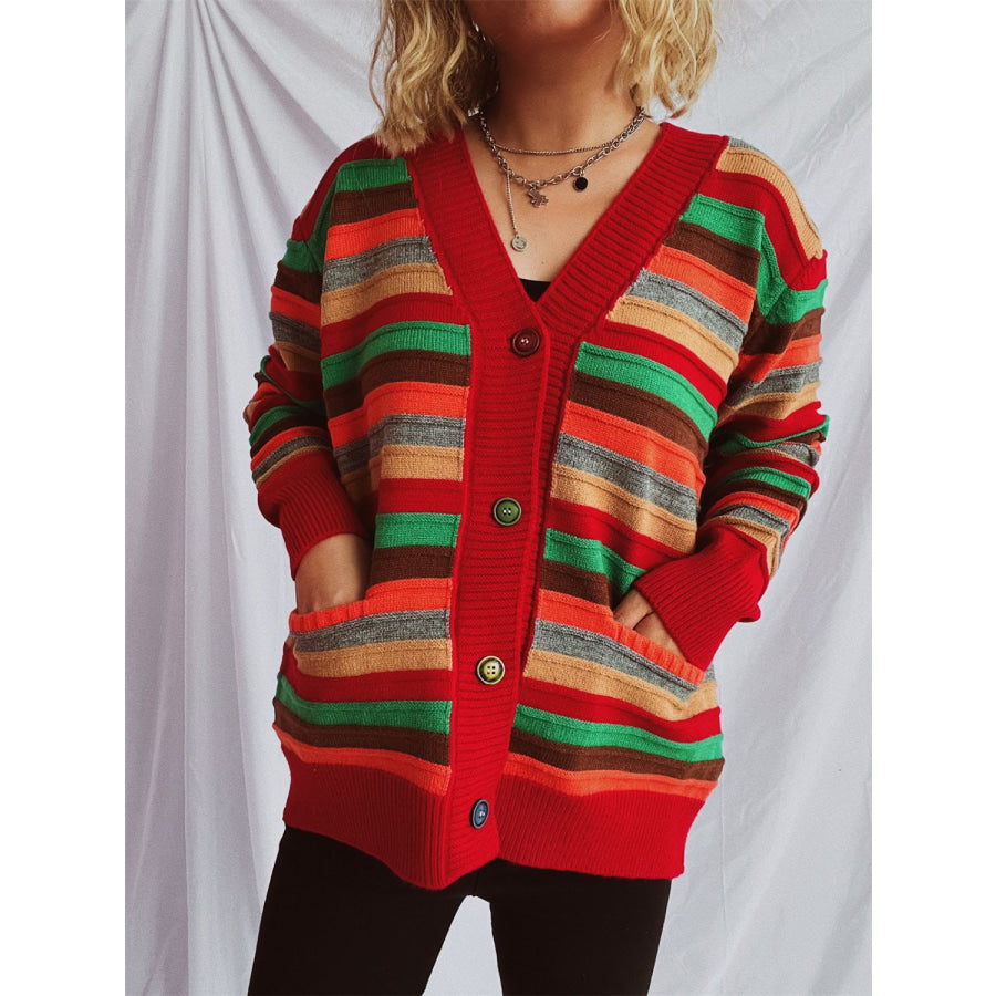 Contrast Stripes Button Up Long Sleeve Cardigan Apparel and Accessories