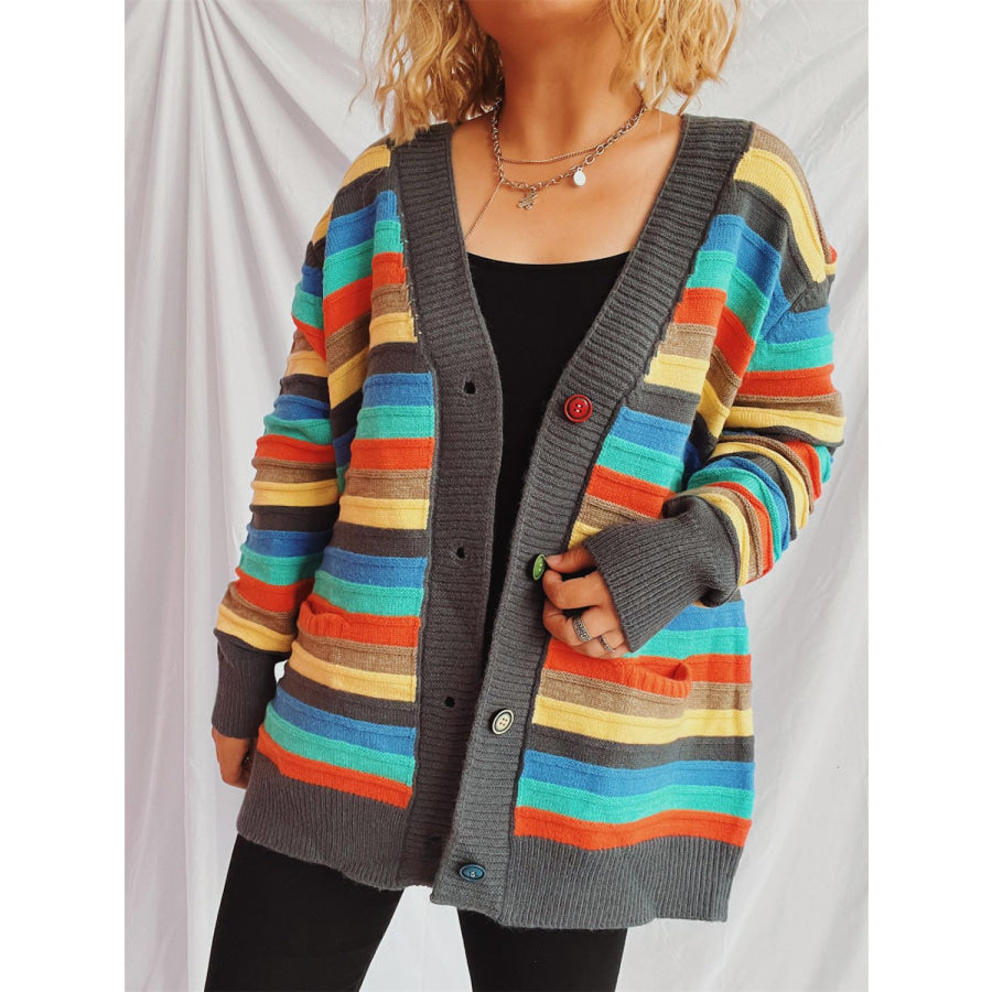 Contrast Stripes Button Up Long Sleeve Cardigan Apparel and Accessories