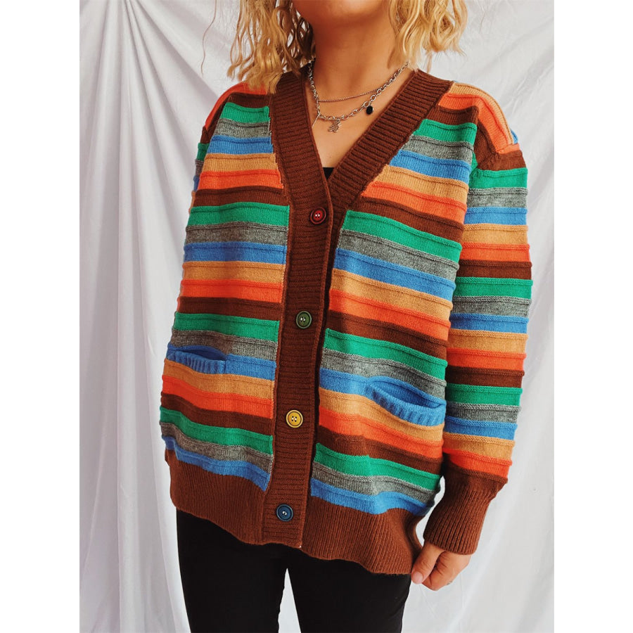 Contrast Stripes Button Up Long Sleeve Cardigan Apparel and Accessories