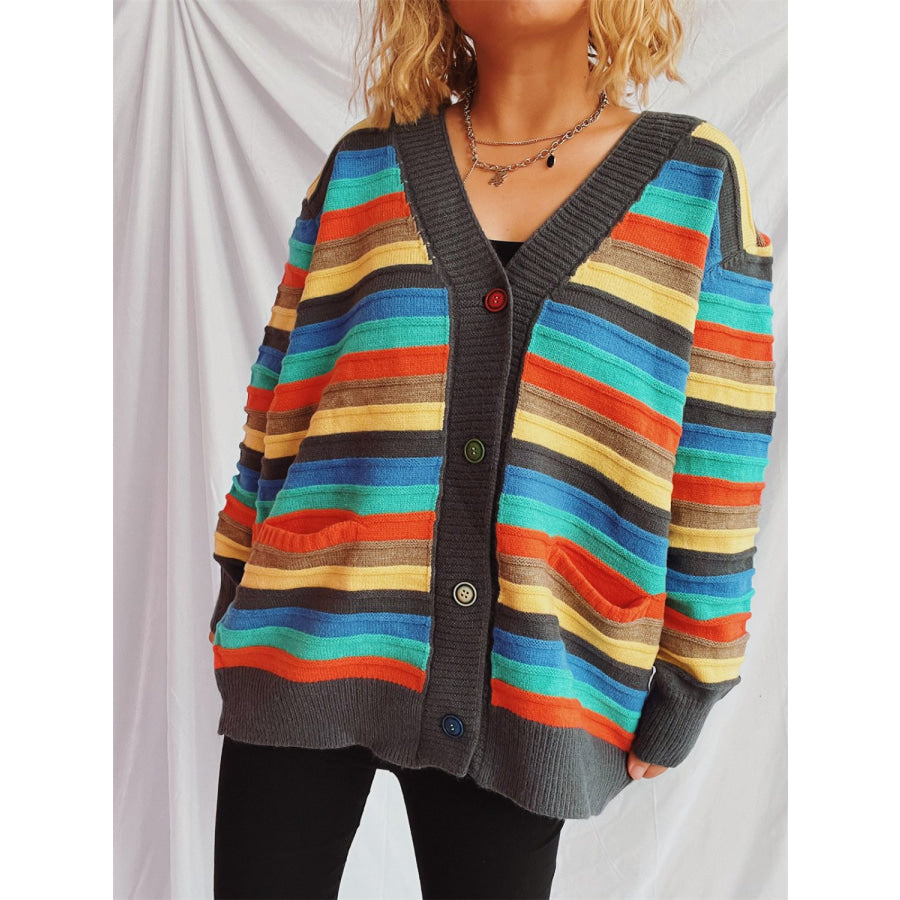 Contrast Stripes Button Up Long Sleeve Cardigan Apparel and Accessories