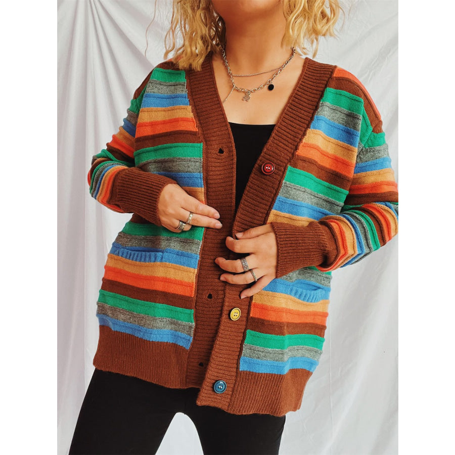 Contrast Stripes Button Up Long Sleeve Cardigan Apparel and Accessories