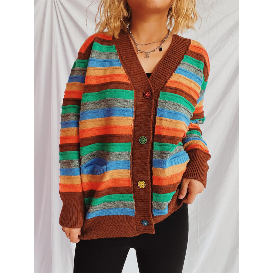 Contrast Stripes Button Up Long Sleeve Cardigan Apparel and Accessories