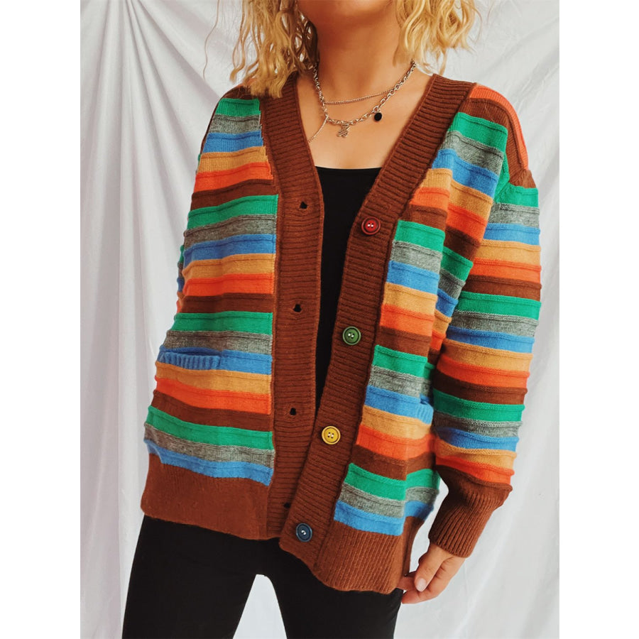 Contrast Stripes Button Up Long Sleeve Cardigan Apparel and Accessories