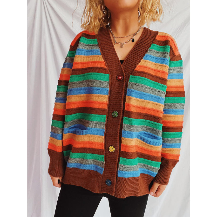 Contrast Stripes Button Up Long Sleeve Cardigan Apparel and Accessories