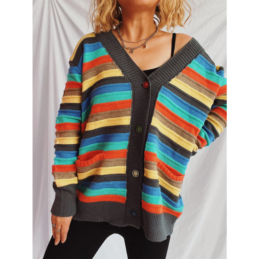 Contrast Stripes Button Up Long Sleeve Cardigan Apparel and Accessories