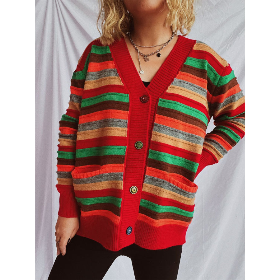 Contrast Stripes Button Up Long Sleeve Cardigan Apparel and Accessories