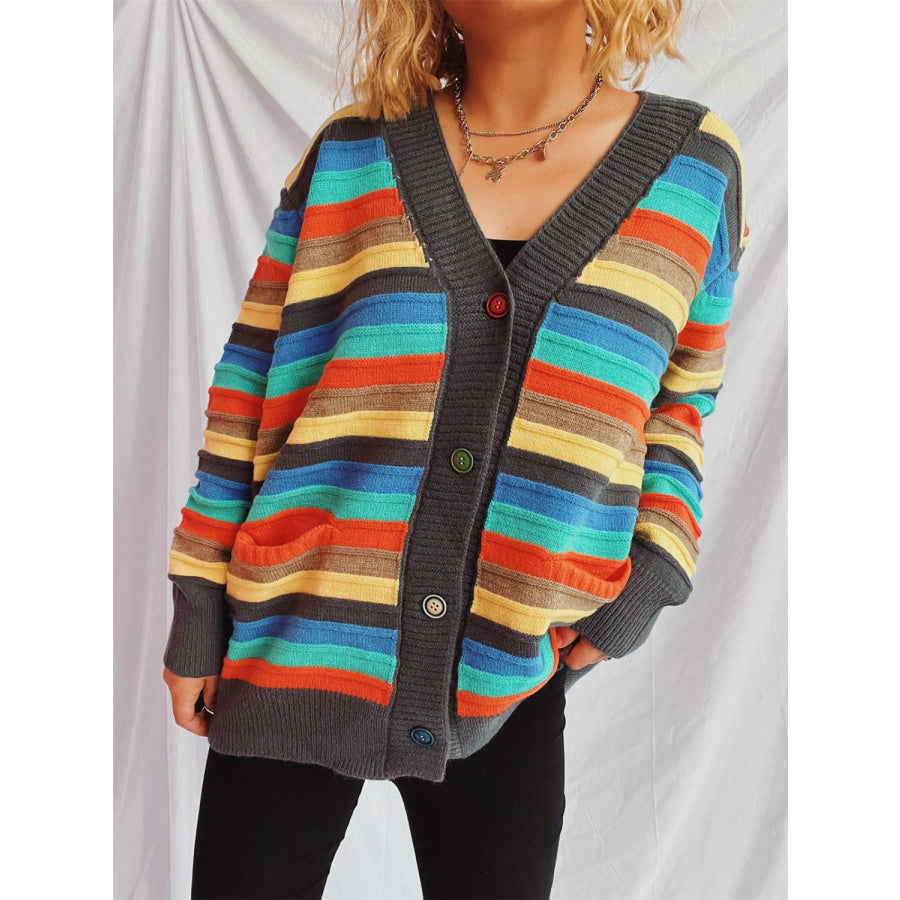 Contrast Stripes Button Up Long Sleeve Cardigan Apparel and Accessories