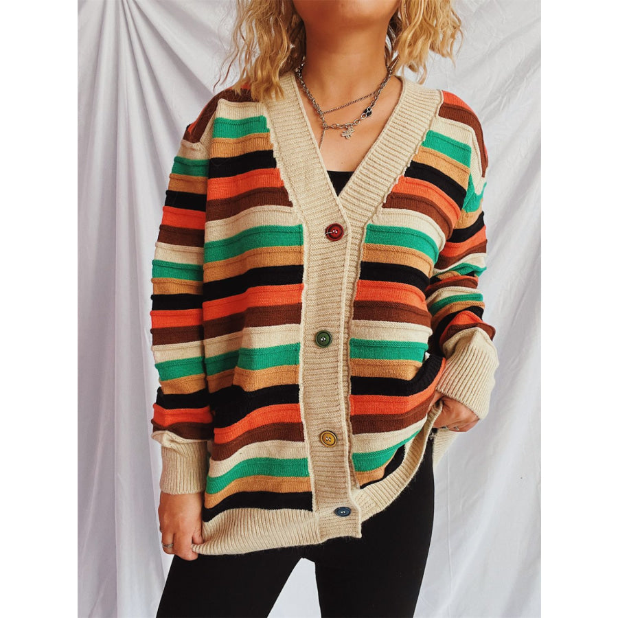 Contrast Stripes Button Up Long Sleeve Cardigan Apparel and Accessories