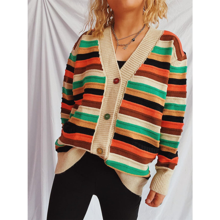 Contrast Stripes Button Up Long Sleeve Cardigan Apparel and Accessories