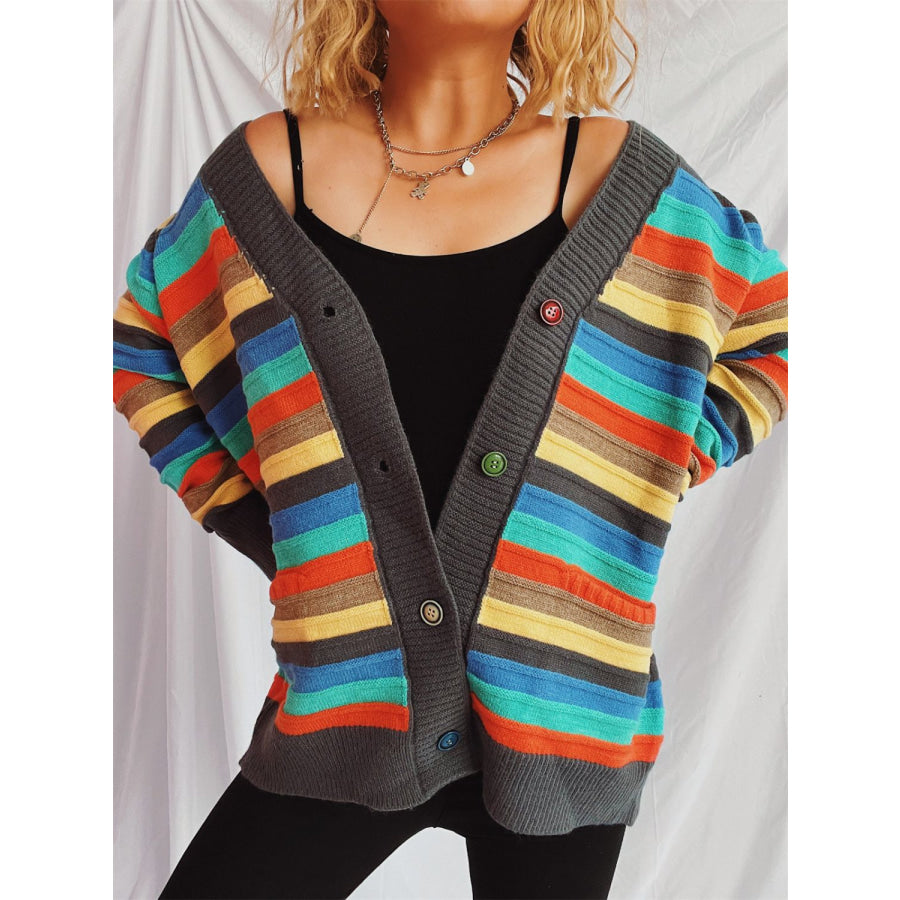 Contrast Stripes Button Up Long Sleeve Cardigan Apparel and Accessories