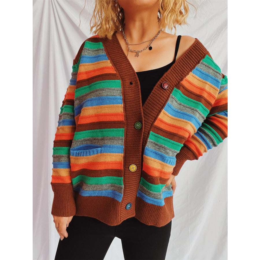 Contrast Stripes Button Up Long Sleeve Cardigan Brown / One Size Apparel and Accessories