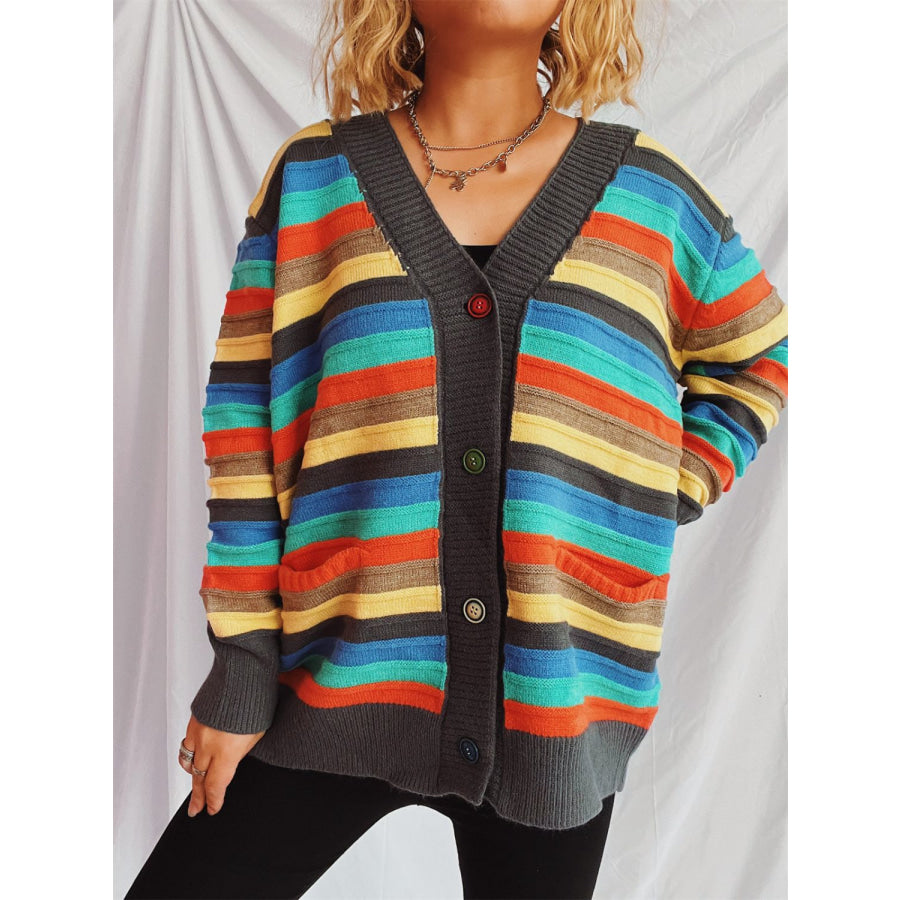 Contrast Stripes Button Up Long Sleeve Cardigan Dark Gray / One Size Apparel and Accessories