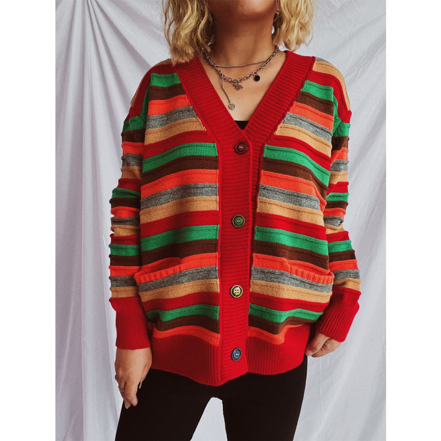 Contrast Stripes Button Up Long Sleeve Cardigan Deep Red / One Size Apparel and Accessories