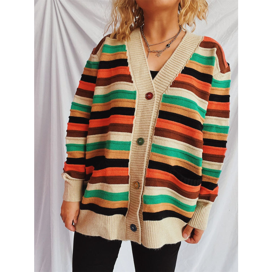 Contrast Stripes Button Up Long Sleeve Cardigan Tan / One Size Apparel and Accessories