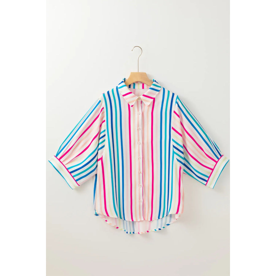 Contrast Stripes Collared Neck Button Up Shirt Apparel and Accessories