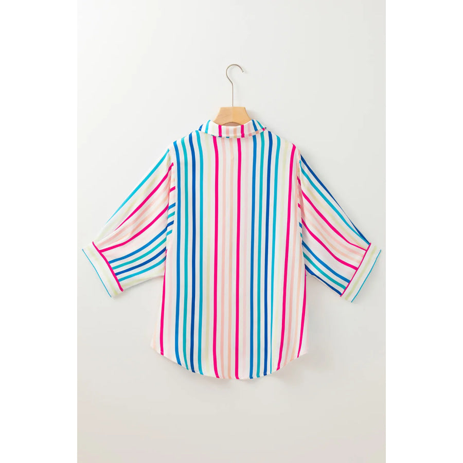 Contrast Stripes Collared Neck Button Up Shirt Apparel and Accessories