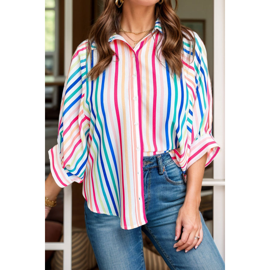 Contrast Stripes Collared Neck Button Up Shirt Stripe / S Apparel and Accessories