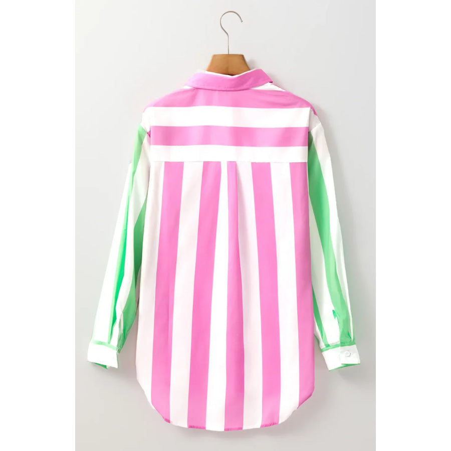 Contrast Stripes Collared Neck Long Sleeve Shirt Apparel and Accessories