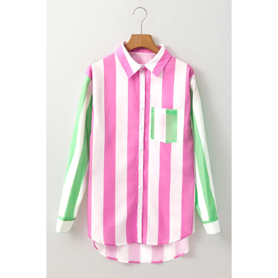 Contrast Stripes Collared Neck Long Sleeve Shirt Fuchsia Pink / S Apparel and Accessories