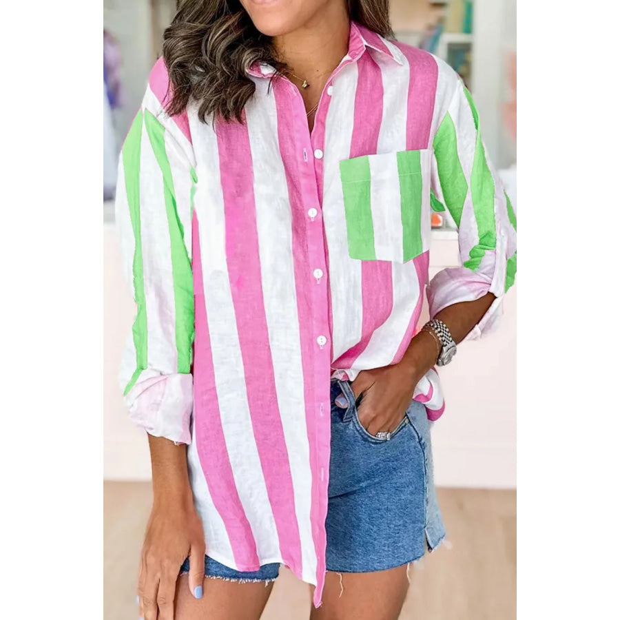 Contrast Stripes Collared Neck Long Sleeve Shirt Fuchsia Pink / S Apparel and Accessories