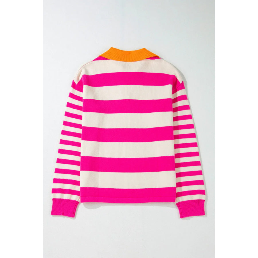 Contrast Stripes Johnny Collar Long Sleeve Sweater Apparel and Accessories