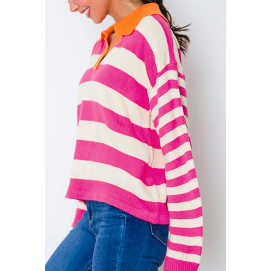 Contrast Stripes Johnny Collar Long Sleeve Sweater Apparel and Accessories