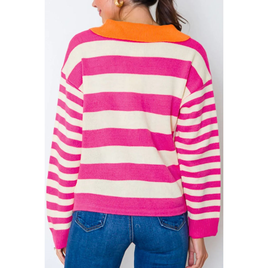 Contrast Stripes Johnny Collar Long Sleeve Sweater Apparel and Accessories