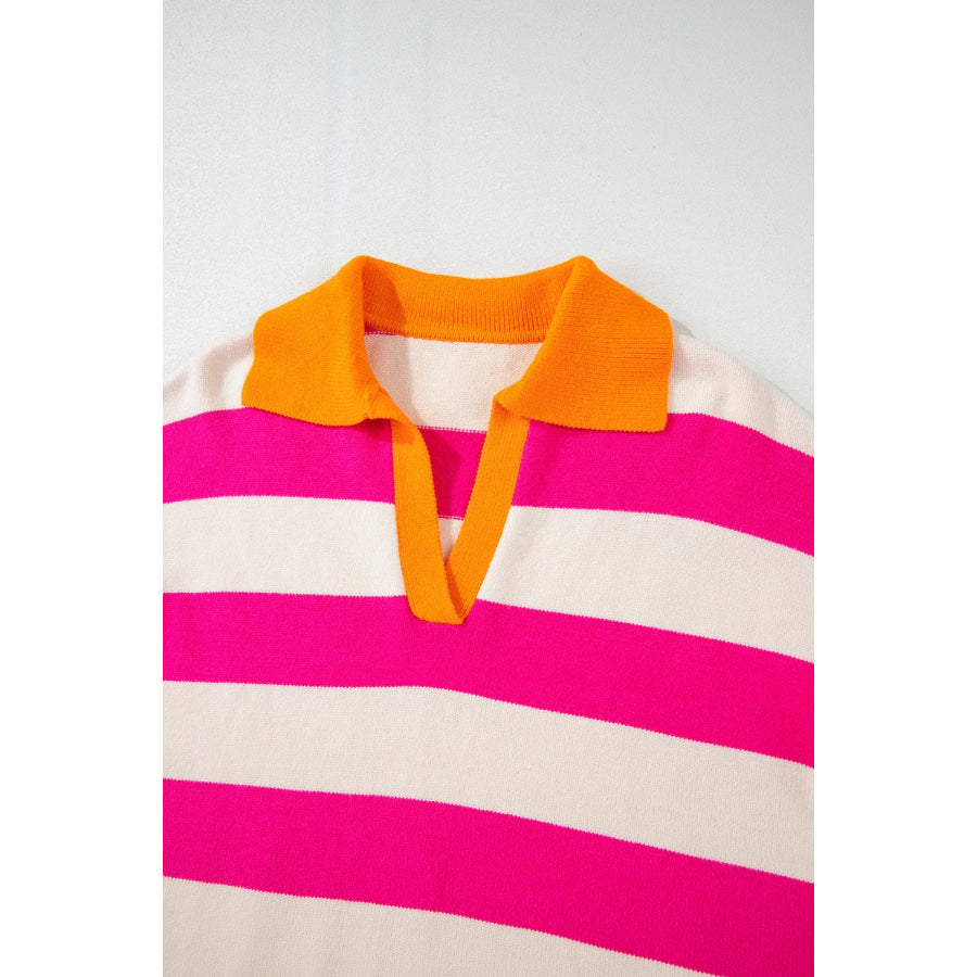 Contrast Stripes Johnny Collar Long Sleeve Sweater Apparel and Accessories