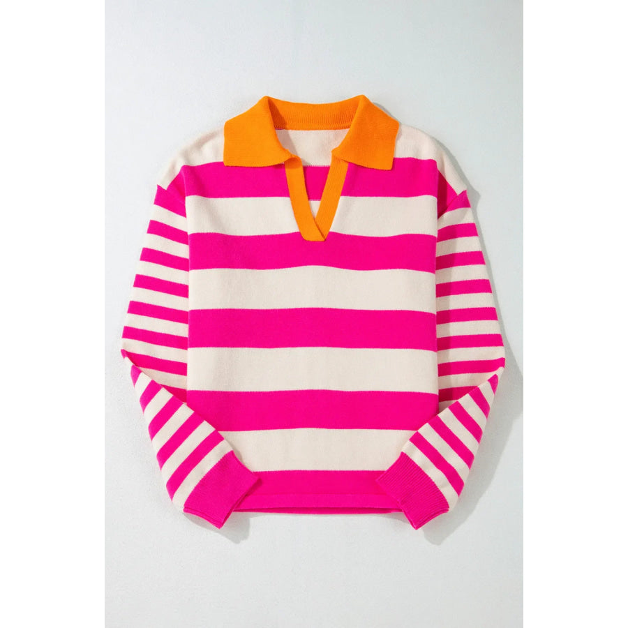 Contrast Stripes Johnny Collar Long Sleeve Sweater Apparel and Accessories