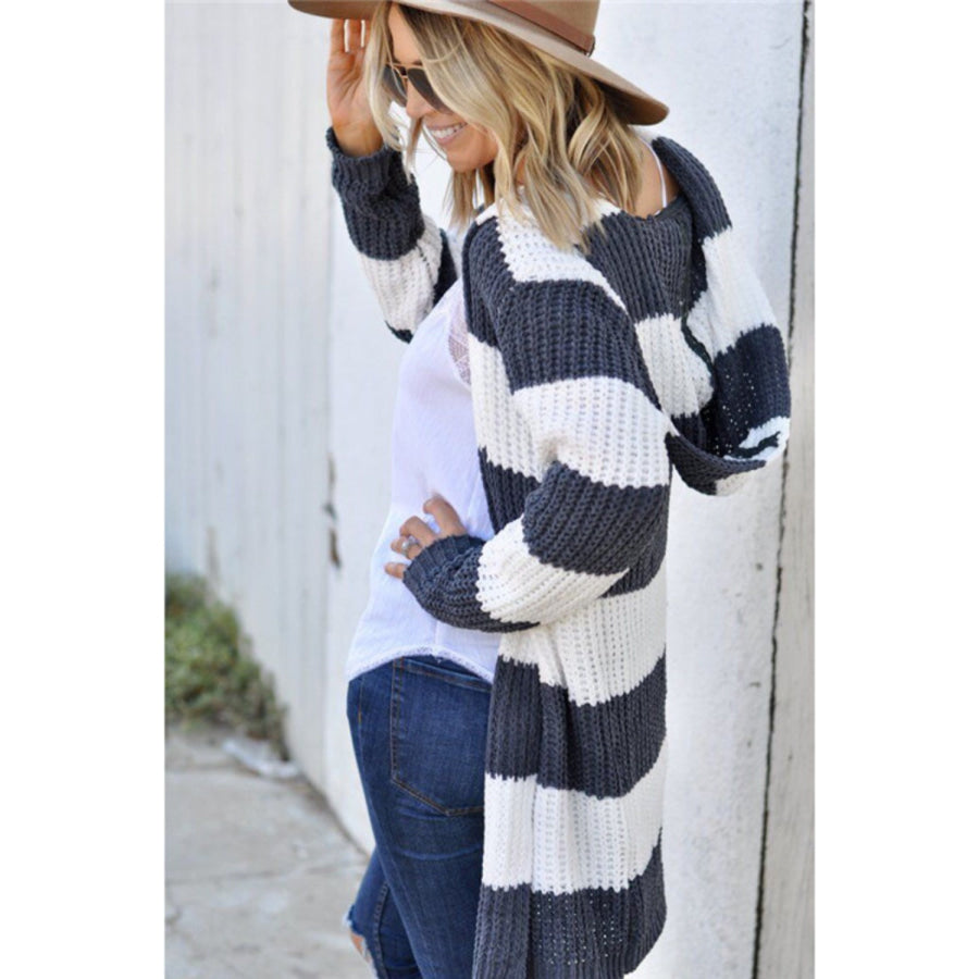 Contrast Stripes Open Front Long Sleeve Cardigan Apparel and Accessories